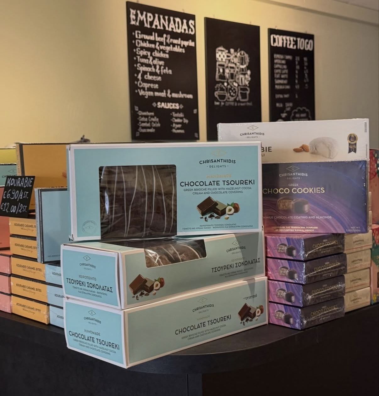 Chrisanthidis Greek sweets — chocolate tsoureki and choco cookies, boxed to take home
